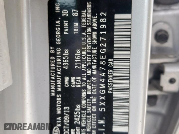 2014 Kia Optima LX with VIN 5XXGM4A78EG271982, listed as a Copart auction lot 63148985 with 175,786 mi miles and Clean title. Bid and sale history available at DreamBid. Image 13.