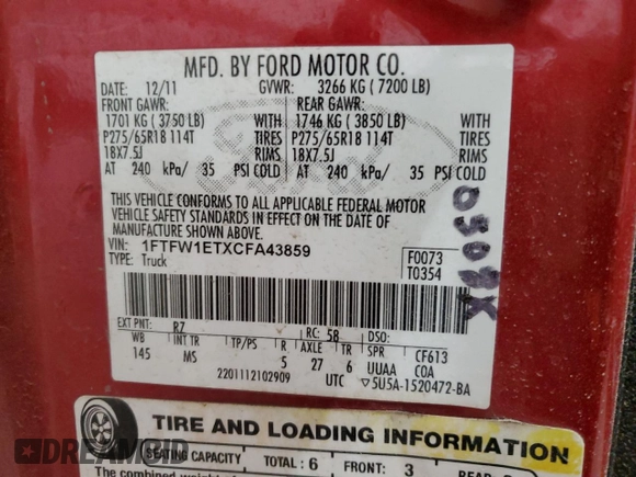 2012 Ford F-150 XL with VIN 1FTFW1ETXCFA43859, listed as a Copart auction lot 53004865 with 244,489 mi miles and Clean Title. Bid and sale history available at carsss.com. Image 12.