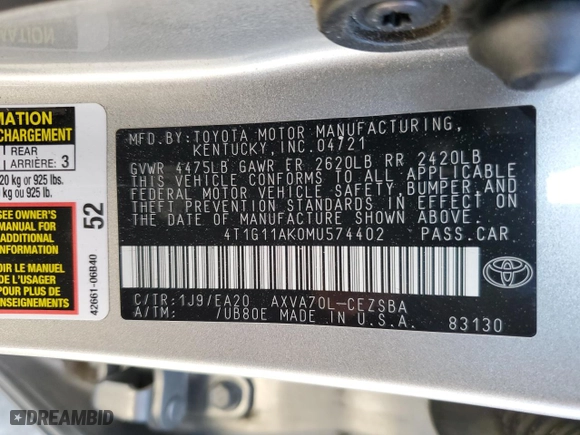 2021 Toyota Camry SE Nightshade with VIN 4T1G11AK0MU574402, listed as a Copart auction lot 42686075 with 53,179 mi miles and Salvage Title. Bid and sale history available at carsss.com. Image 12.