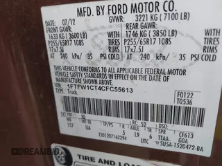 2012 Ford F-150 XL with VIN 1FTFW1CT4CFC55613, listed as a IAAI auction lot 41715383 with 236,559 mi miles. Bid and sale history available at carsss.com. Image 9.
