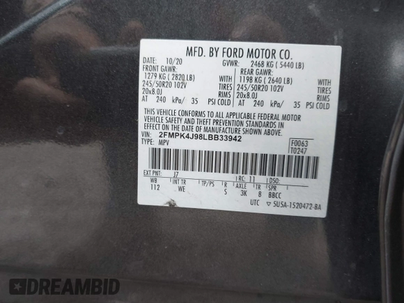 2020 Ford Edge SEL with VIN 2FMPK4J98LBB33942, listed as a IAAI auction lot 41706392 with 74,273 mi miles. Bid and sale history available at carsss.com. Image 9.