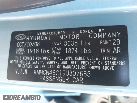 2009 Hyundai Accent Auto GLS с VIN KMHCN46C19U307685, выставлен на аукционе IAAI как лот 41266598 с пробегом 107 216 миль миль и . История ставок и продаж доступна на DreamBid. Изображение 9.