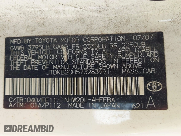 2007 Toyota Prius with VIN JTDKB20U573283991, listed as a IAAI auction lot 42212679 with Not Provided miles and . Bid and sale history available at DreamBid. Image 9.