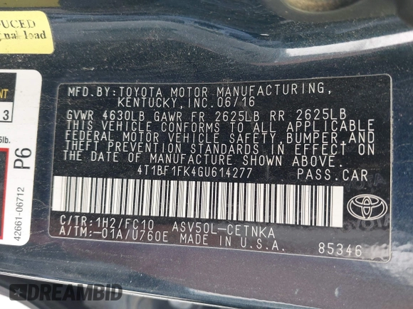 2016 Toyota Camry XLE with VIN 4T1BF1FK4GU614277, listed as a IAAI auction lot 41775707 with 154,237 mi miles. Bid and sale history available at carsss.com. Image 9.