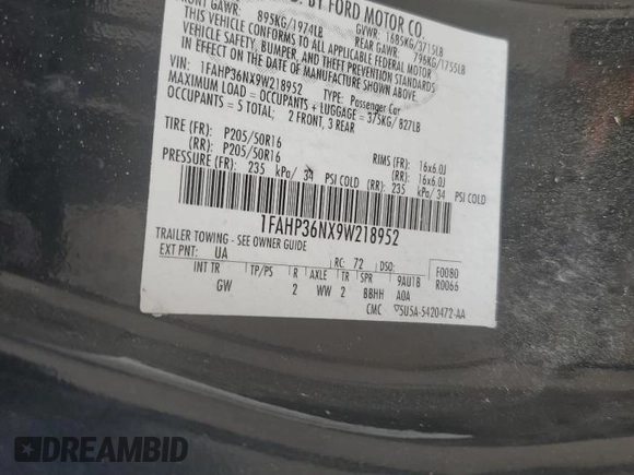 2009 Ford Focus SES with VIN 1FAHP36NX9W218952, listed as a Copart auction lot 51056805 with 194,270 mi miles and Salvage Title. Bid and sale history available at carsss.com. Image 12.