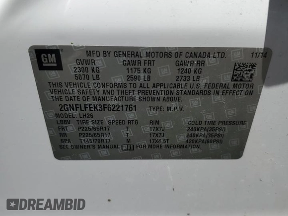 2015 Chevrolet Equinox LT with VIN 2GNFLFEK3F6221761, listed as a Copart auction lot 61565664 with 126,643 mi miles and Salvage Title. Bid and sale history available at carsss.com. Image 12.