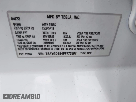 2023 Tesla Model Y Long Range with VIN 7SAYGDEE4PF770307, listed as a IAAI auction lot 42141175 with 34,901 mi miles and . Bid and sale history available at carsss.com. Image 9.