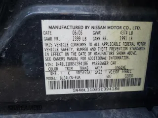 2005 Nissan Altima SL with VIN 1N4BL11D85C394186, listed as a Copart auction lot 80454614 with 176,406 mi miles and Salvage title. Bid and sale history available at DreamBid. Image 12.