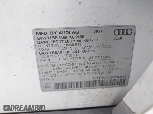 2022 Audi Q5 S line Premium Plus with VIN WA1EAAFY2N2014414, listed as a IAAI auction lot 42069743 with 44,654 mi miles and . Bid and sale history available at DreamBid. Image 9.