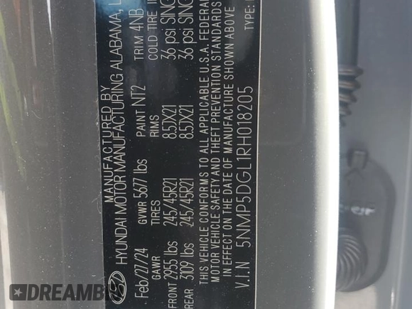 2024 Hyundai Santa Fe Calligraphy with VIN 5NMP5DGL1RH018205, listed as a Copart auction lot 60645525 with 8,773 mi miles and Salvage title. Bid and sale history available at DreamBid. Image 13.