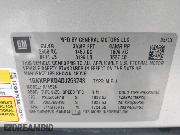 2013 GMC Acadia SLE with VIN 1GKKRPKD4DJ263748, listed as a IAAI auction lot 42080834 with 60,949 mi miles and . Bid and sale history available at DreamBid. Image 9.