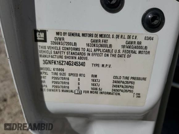 2004 Chevrolet Suburban Z71 with VIN 3GNFK16Z74G245340, listed as a Copart auction lot 57491305 with 283,174 mi miles and Salvage title. Bid and sale history available at DreamBid. Image 13.