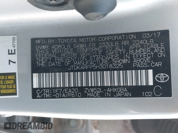 2017 Toyota Prius Plus with VIN JTDKARFP5H3018325, listed as a IAAI auction lot 42054740 with 116,635 mi miles and . Bid and sale history available at DreamBid. Image 9.