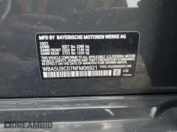 2022 BMW 3 Series M340i xDrive with VIN WBA5U9C07NFM06921, listed as a Copart auction lot 64725683 with 16,994 mi miles and . Bid and sale history available at DreamBid. Image 12.