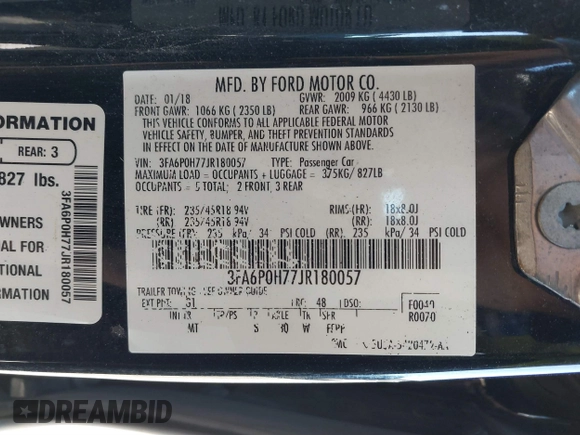2018 Ford Fusion SE z VIN 3FA6P0H77JR180057, wystawiony jako IAAI lot #41729451 z przebiegiem 122 200 mil mil oraz . Historia ofert i sprzedaży dostępna na DreamBid. Obrazek 9.