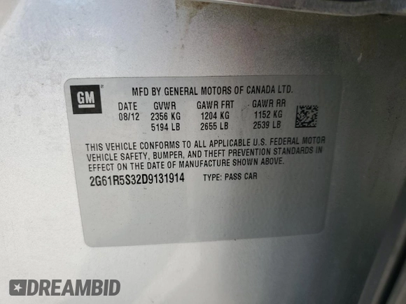 2013 Cadillac XTS Luxury with VIN 2G61R5S32D9131914, listed as a Copart auction lot 56569505 with 123,427 mi miles and Salvage title. Bid and sale history available at DreamBid. Image 12.