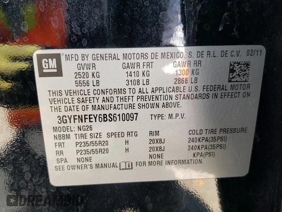 2011 Cadillac SRX Premium Collection with VIN 3GYFNFEY6BS610097, listed as a Copart auction lot 60660235 with 138,616 mi miles and Salvage title. Bid and sale history available at DreamBid. Image 13.