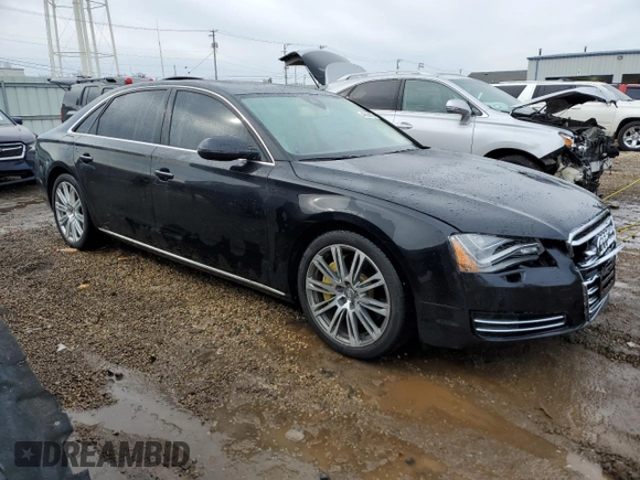 2014 Audi A8 4.0T with VIN WAUR2AFD1EN003630, listed as a Copart auction lot 46366935 with 101,747 mi miles and Salvage Title. Bid and sale history available at DreamBid. Image 4.