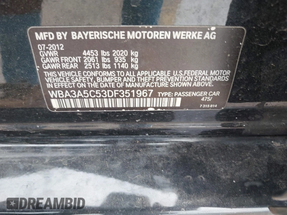 2013 BMW 3 Series 328i with VIN WBA3A5C53DF351967, listed as a IAAI auction lot 42025391 with 127,108 mi miles and . Bid and sale history available at carsss.com. Image 9.