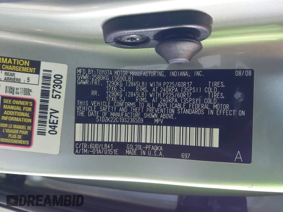2009 Toyota Sienna XLE with VIN 5TDZK22C19S236509, listed as a IAAI auction lot 41250793 with 175,395 mi miles and . Bid and sale history available at DreamBid. Image 9.