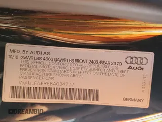 2011 Audi A5 Premium Plus with VIN WAULFAFR6BA034722, listed as a Copart auction lot 58052455 with 119,615 mi miles and Salvage title. Bid and sale history available at DreamBid. Image 13.
