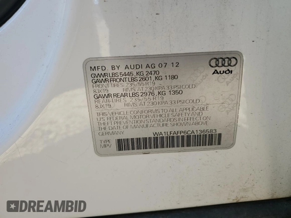 2012 Audi Q5 Premium Plus with VIN WA1LFAFP6CA136583, listed as a Copart auction lot 74075684 with Not provided miles and Salvage title. Bid and sale history available at DreamBid. Image 13.