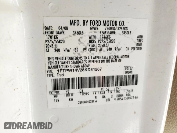 2008 Ford F-150 XLT with VIN 1FTPW14V28KD81567, listed as a Copart auction lot 60050705 with 333,364 mi miles and Clean title. Bid and sale history available at DreamBid. Image 12.