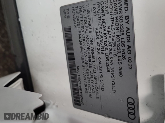 2023 Audi Q3 S line Premium with VIN WA1DECF34P1107427, listed as a IAAI auction lot 42845142 with 43,670 mi miles and . Bid and sale history available at DreamBid. Image 50.