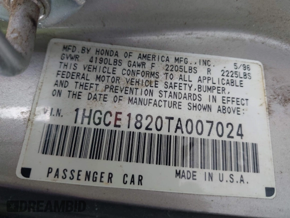 1996 Honda Accord LX with VIN 1HGCE1820TA007024, listed as a IAAI auction lot 42173518 with 236,276 mi miles and . Bid and sale history available at carsss.com. Image 9.