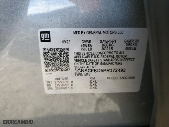 2023 Chevrolet Suburban Premier with VIN 1GNSCFKD5PR172492, listed as a Copart auction lot 86319834 with 35,391 mi miles and Clean Title. Bid and sale history available at carsss.com. Image 13.