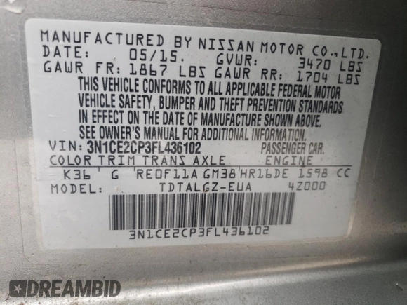 2015 Nissan Note SL с VIN 3N1CE2CP3FL436102, выставлен на аукционе Copart как лот 51108285 с пробегом 63 013 миль миль и Чистый • Clean title. История ставок и продаж доступна на DreamBid. Изображение 14.
