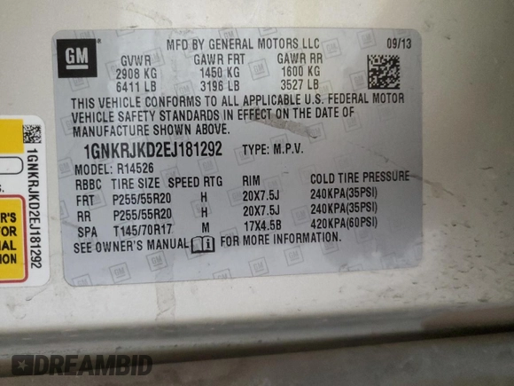 2014 Chevrolet Traverse LTZ with VIN 1GNKRJKD2EJ181292, listed as a Copart auction lot 49238085 with 159,058 mi miles and Salvage Title. Bid and sale history available at DreamBid. Image 16.