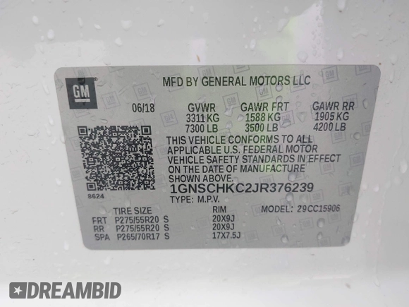 2018 Chevrolet Suburban LT with VIN 1GNSCHKC2JR376239, listed as a IAAI auction lot 42110551 with 123,694 mi miles and . Bid and sale history available at DreamBid. Image 9.