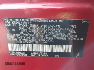 2015 Toyota RAV4 Limited с VIN 2T3DFREV4FW232260, выставлен на аукционе IAAI как лот 42300931 с пробегом 122 530 миль миль и . История ставок и продаж доступна на DreamBid. Изображение 9.