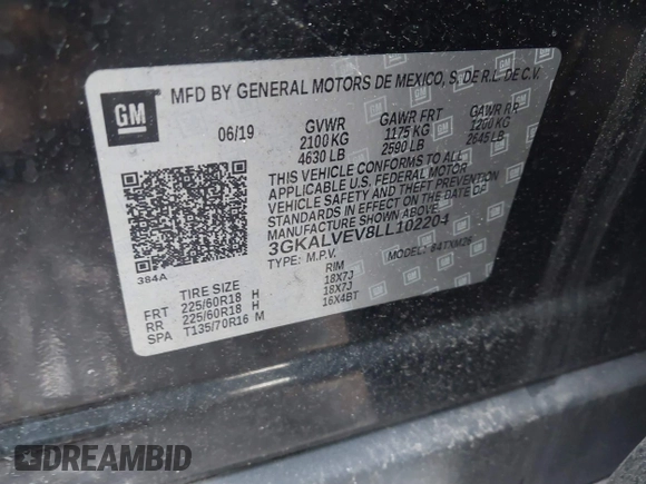 2020 GMC Terrain SLT with VIN 3GKALVEV8LL102204, listed as a IAAI auction lot 41480620 with 115,353 mi miles. Bid and sale history available at carsss.com. Image 9.