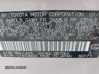 2008 Lexus ES 330 z VIN JTHBJ46G782215178, wystawiony jako IAAI lot #41949494 z przebiegiem 129 844 mil mil oraz . Historia ofert i sprzedaży dostępna na DreamBid. Obrazek 9.
