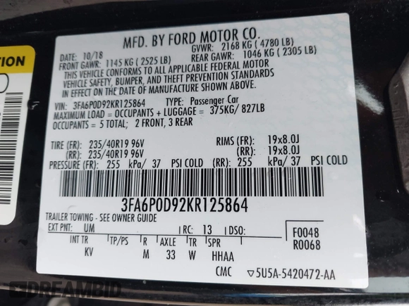 2019 Ford Fusion Titanium with VIN 3FA6P0D92KR125864, listed as a IAAI auction lot 42425422 with 109,340 mi miles and . Bid and sale history available at DreamBid. Image 9.
