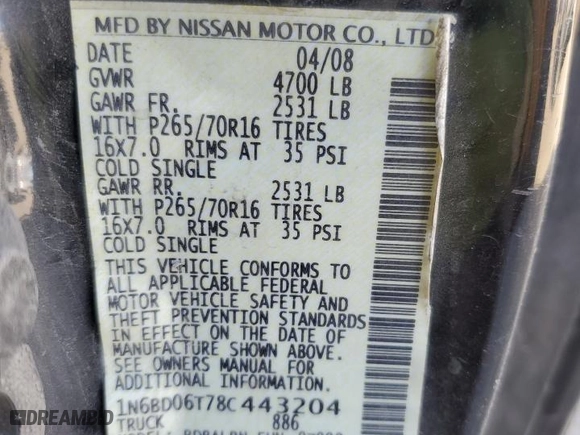 2008 Nissan Frontier SE with VIN 1N6BD06T78C443204, listed as a Copart auction lot 44408135 with 144,444 mi miles and Salvage Title. Bid and sale history available at carsss.com. Image 12.