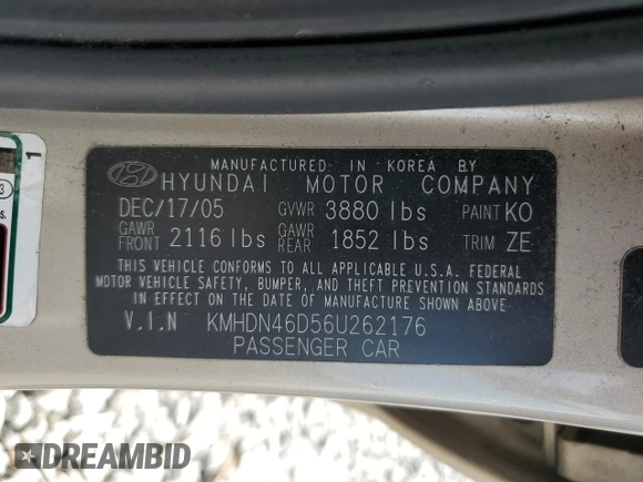 2006 Hyundai Elantra GLS z VIN KMHDN46D56U262176, wystawiony jako Copart lot #54197965 z przebiegiem 94 125 mil mil oraz Szkoda całkowita • Salvage title. Historia ofert i sprzedaży dostępna na DreamBid. Obrazek 12.