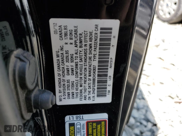2012 Honda Civic Cpe EX with VIN 2HGFG3B88CH540837, listed as a Copart auction lot 67922244 with 186,171 mi miles and Salvage Title. Bid and sale history available at carsss.com. Image 12.