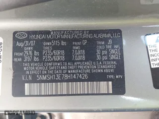 2008 Hyundai Santa Fe SE with VIN 5NMSH13E78H147426, listed as a IAAI auction lot 41522743 with 174,175 mi miles. Bid and sale history available at carsss.com. Image 9.