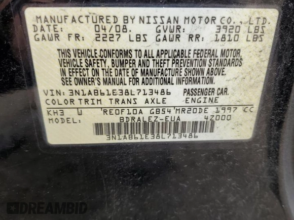 2008 Nissan Sentra S with VIN 3N1AB61E38L713486, listed as a Copart auction lot 45638244 with 147,710 mi miles and Salvage Title. Bid and sale history available at DreamBid. Image 13.