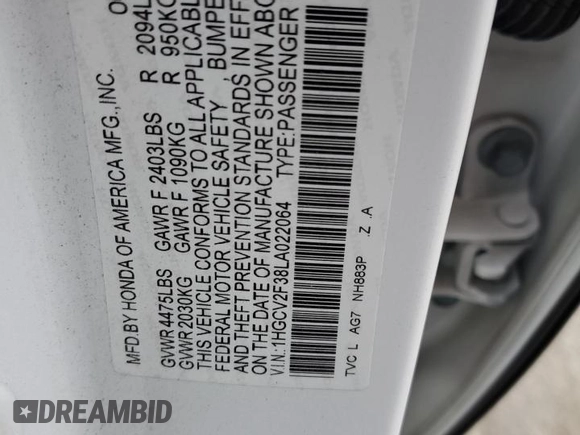 2020 Honda Accord Sport with VIN 1HGCV2F38LA022064, listed as a Copart auction lot 48915525 with 92,432 mi miles and Salvage title. Bid and sale history available at DreamBid. Image 12.