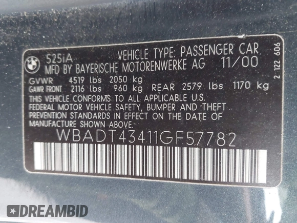 2001 BMW 5 Series 525i with VIN WBADT43411GF57782, listed as a IAAI auction lot 41433539 with 164,118 mi miles and . Bid and sale history available at DreamBid. Image 9.
