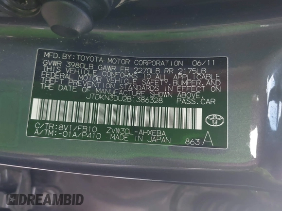 2011 Toyota Prius I with VIN JTDKN3DU2B1386328, listed as a IAAI auction lot 41598572 with 229,231 mi miles. Bid and sale history available at carsss.com. Image 9.