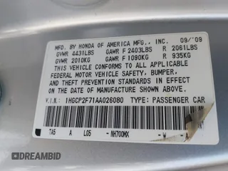2010 Honda Accord EX with VIN 1HGCP2F71AA026080, listed as a IAAI auction lot 42612193 with 202,632 mi miles and . Bid and sale history available at DreamBid. Image 9.