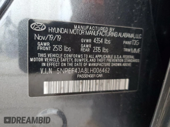 2020 Hyundai Sonata SEL z VIN 5NPEF4JA8LH006462, wystawiony jako Copart lot #58179245 z przebiegiem 49 975 mil mil oraz Szkoda całkowita • Salvage title. Historia ofert i sprzedaży dostępna na DreamBid. Obrazek 13.