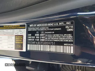2015 Mercedes-Benz C 300 with VIN 55SWF4JB7FU059751, listed as a IAAI auction lot 42039373 with 59,625 mi miles and . Bid and sale history available at DreamBid. Image 9.