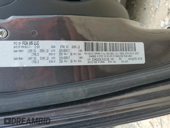 2020 Dodge Grand Caravan GT with VIN 2C4RDGEG4LR191166, listed as a Copart auction lot 54595265 with 94,162 mi miles and Salvage Title. Bid and sale history available at DreamBid. Image 14.