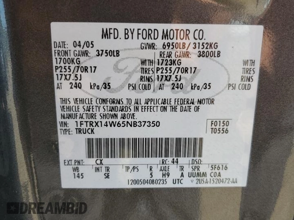 2005 Ford F-150 STX with VIN 1FTRX14W65NB37350, listed as a Copart auction lot 63500255 with 84,708 mi miles and Clean title. Bid and sale history available at DreamBid. Image 12.